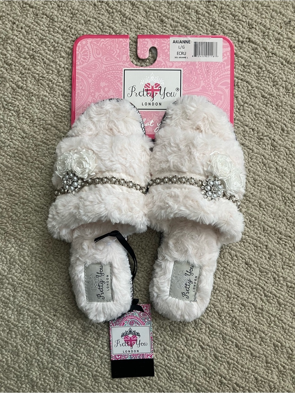 Pretty You London Ecru Faux-Fur Slide Slippers with Jewel & Floral Trim